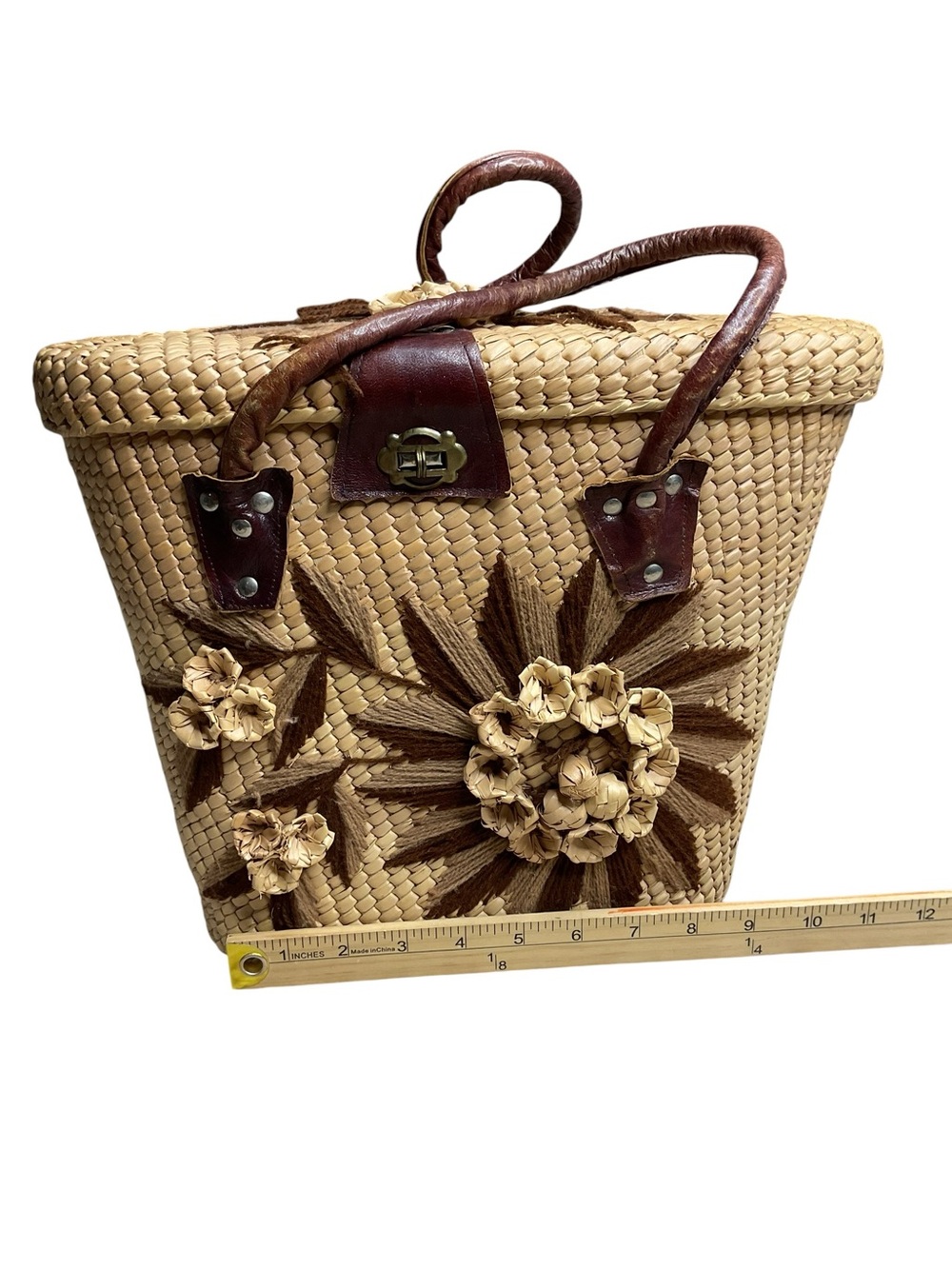 Vintage Woven Straw Basket Purse Floral Raffia Picnic Cottagecore Bag - Picture 7 of 7